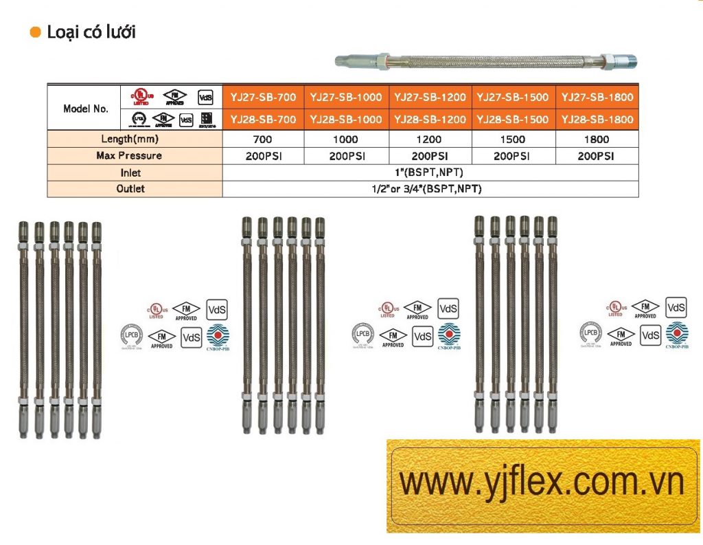 Dây mềm nối đầu phun sprinkler DN20 áp lực 14bar, dài 1000mm hoặc 1500mm chứng nhận UL/FM/VDS/LCPB.
